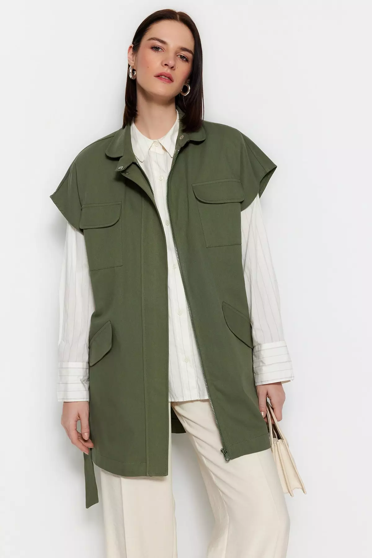 Waist Tie Wide Shoulders Woven Vest