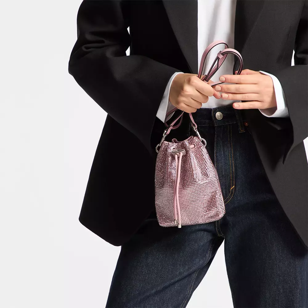 [5.5UPER DEALS] Cinch Mini Bon Bon Satin Crystal Bucket Bag Rose Silver
