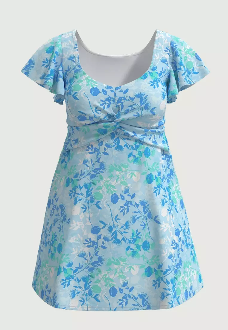 Blooming Grace藍色扭結前襟短袖泳裝連身裙