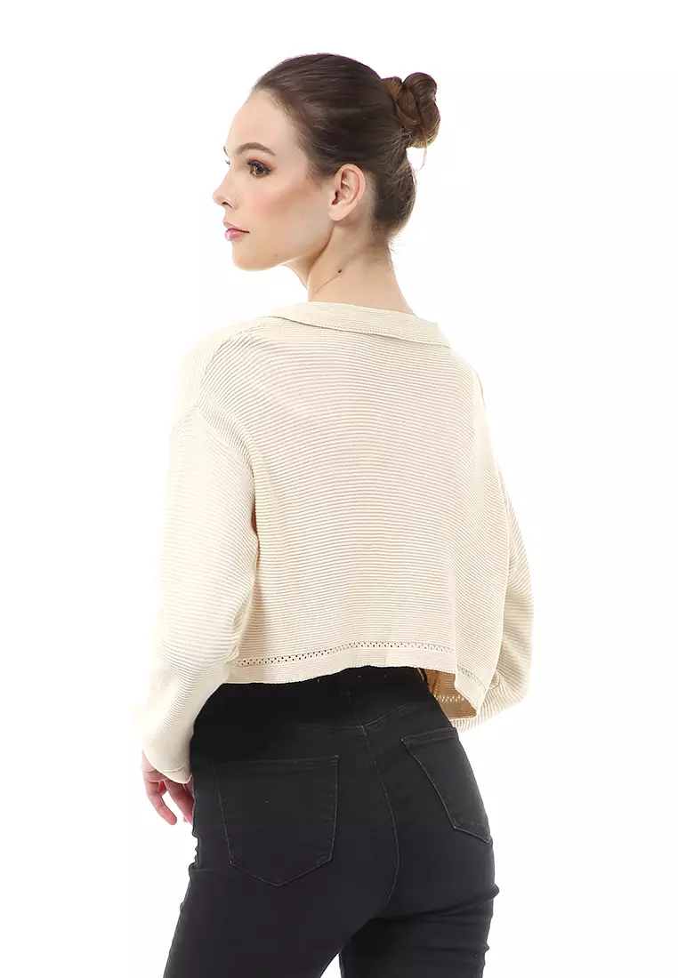 Albertine Atasan Crop Wanita Lengan Panjang Blouse Vneck Motif Polos Material Rajut ORIGINAL - Cream