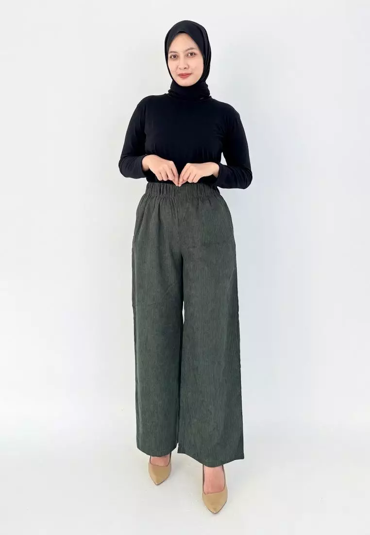 Keily Pants - Celana Palazzo Corduroy GREEN