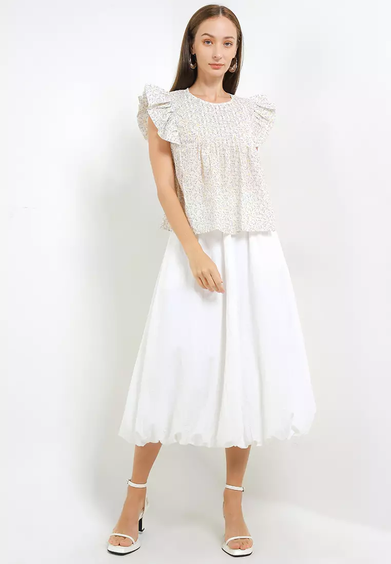 Flounce Sleeve Pintuck Flo Print Eyelet Blouse