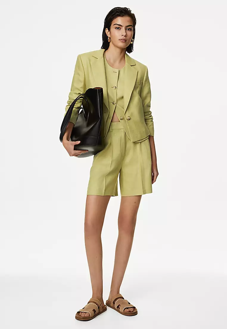 Linen Rich High Waisted Pleat Front Shorts