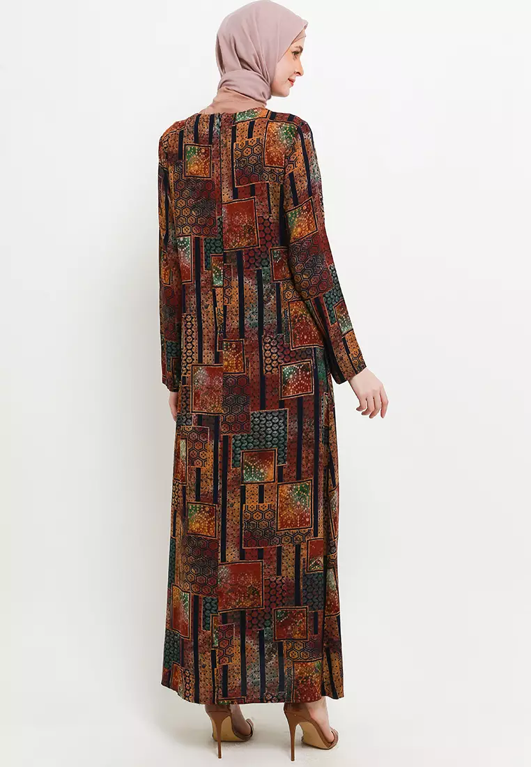 Mahira Maxi Dress In Green Black Print W/ Mask