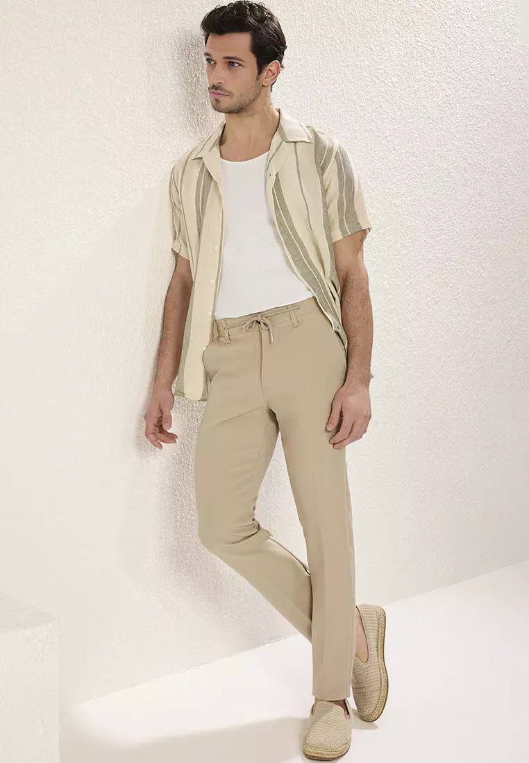 Stone Slim Fit Waist Tie Detail Elastic Fabric Woven Trousers