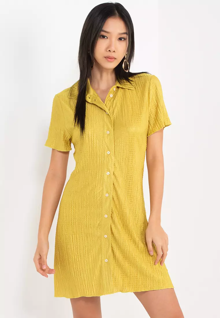 Button Down Collared Textured Mini Dress