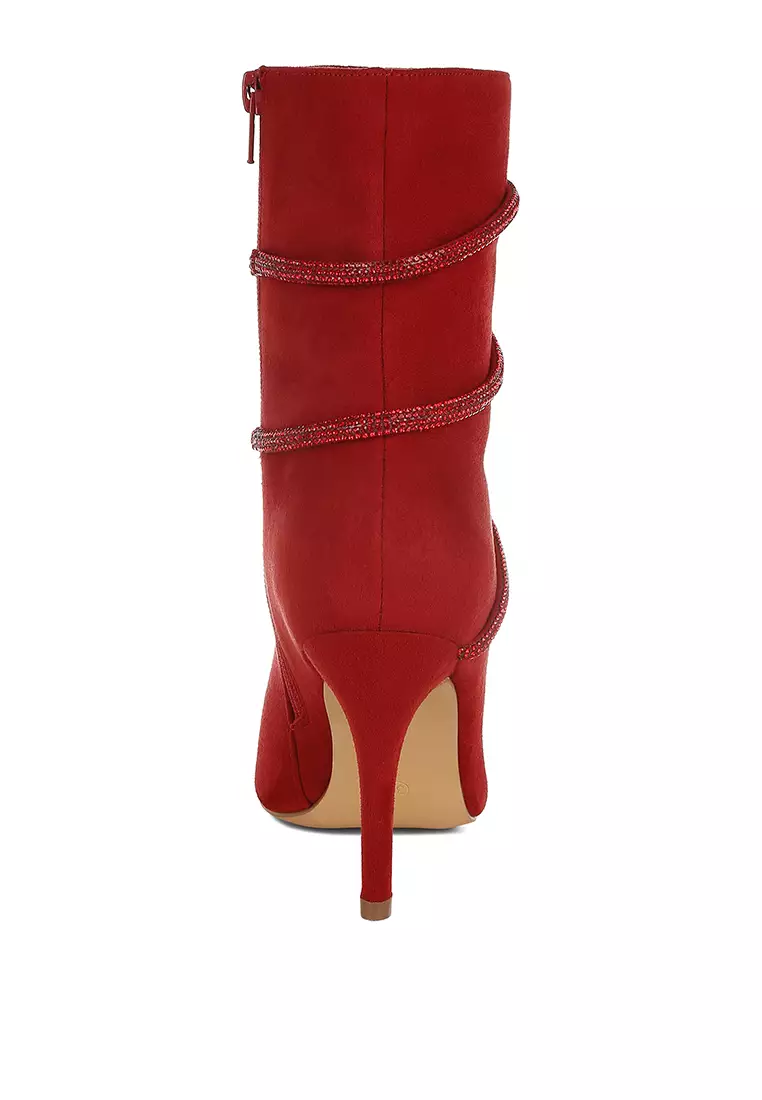Rhinestone Wrap-Around Stiletto Boots in Red