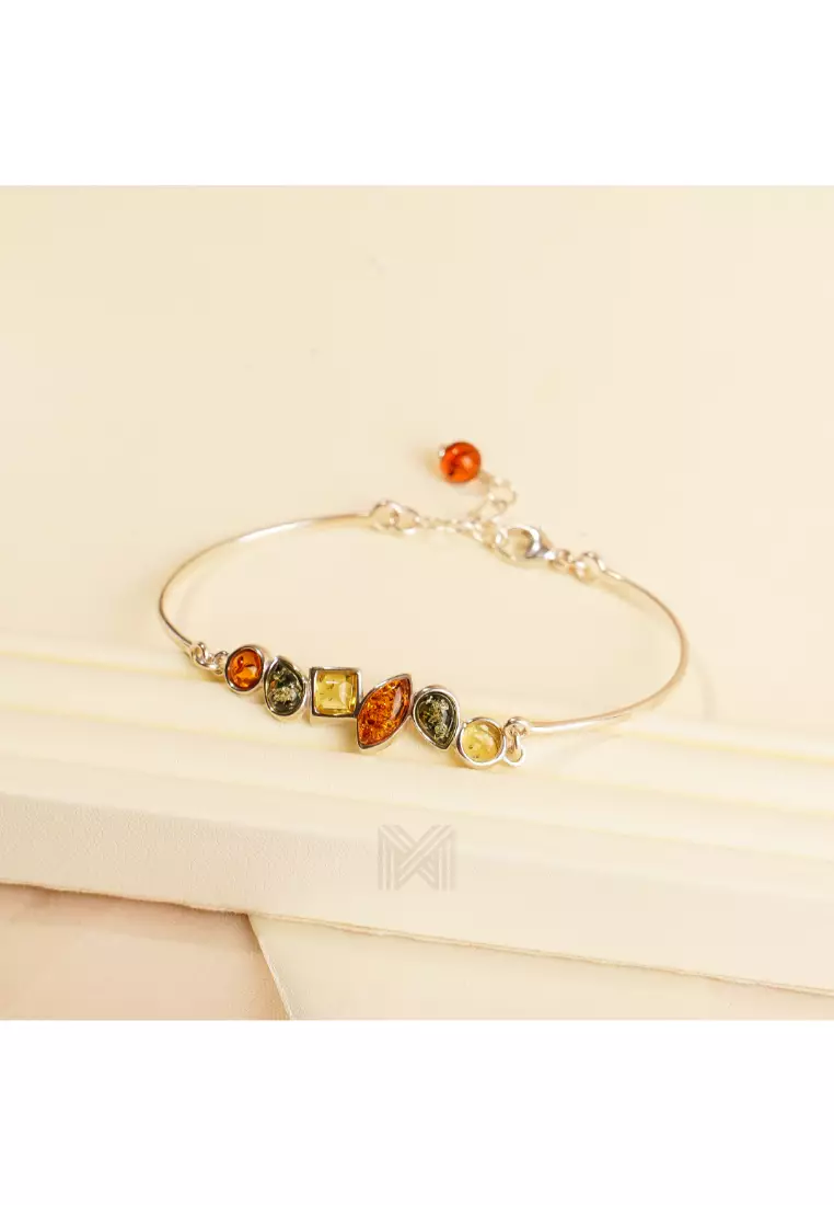 Multifaceted Baltic Amber Rhytymic Silver Bracelet with 925 Sterling Silver