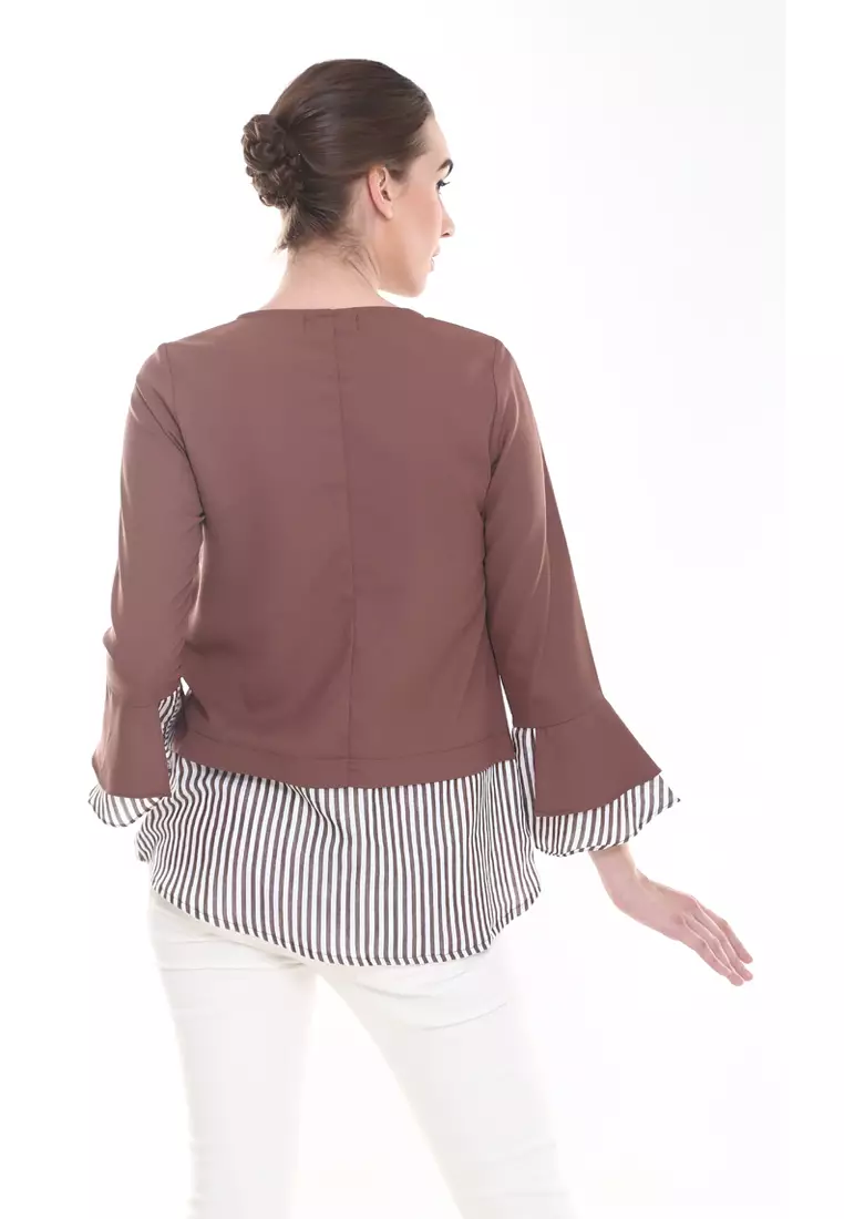 Zalia Top Plain Stripe Cotton Top in Dark Brown