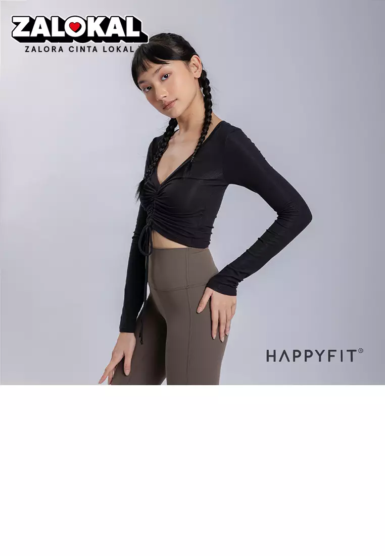 Jual Happyfit Happyfit Cropped Long Sleeve Ribbed V Neck Top Cool Black  Original 2024