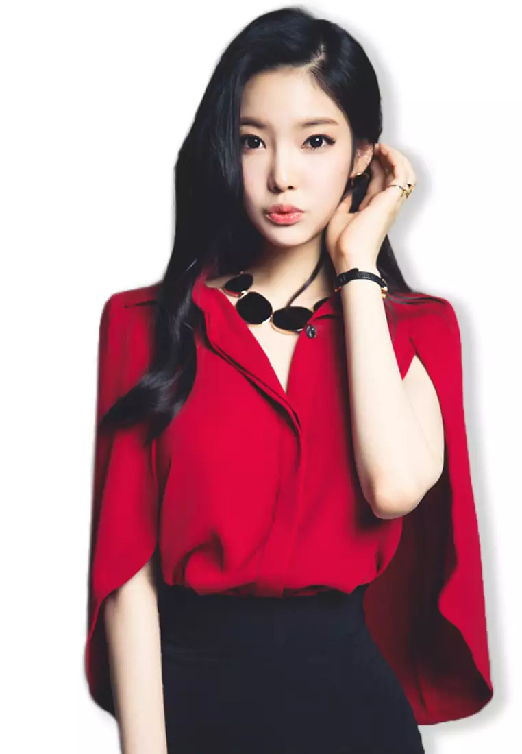 Red Chiffon Cape Shawl Button Down Top A083118