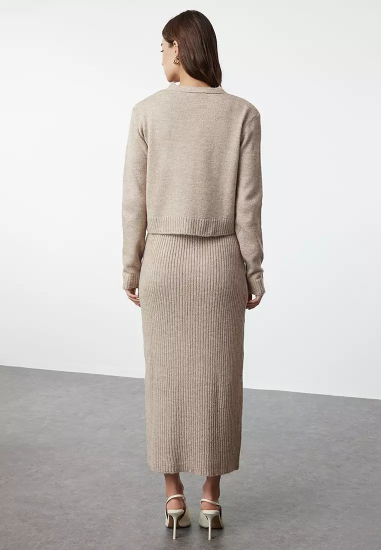 Light Brown Corded Soft Textured Knitwear Dress Cardigan Suit TCTAW25US00049