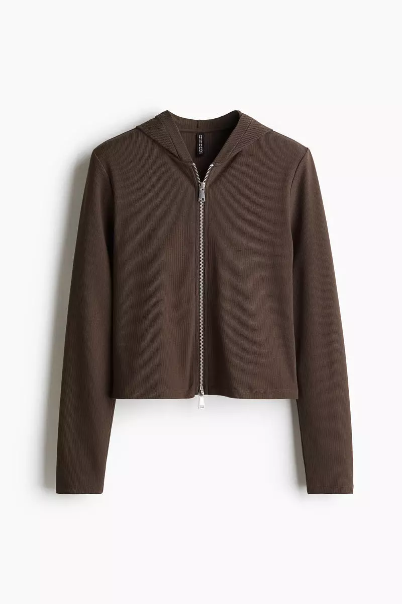 Ribbed zip-through hoodie