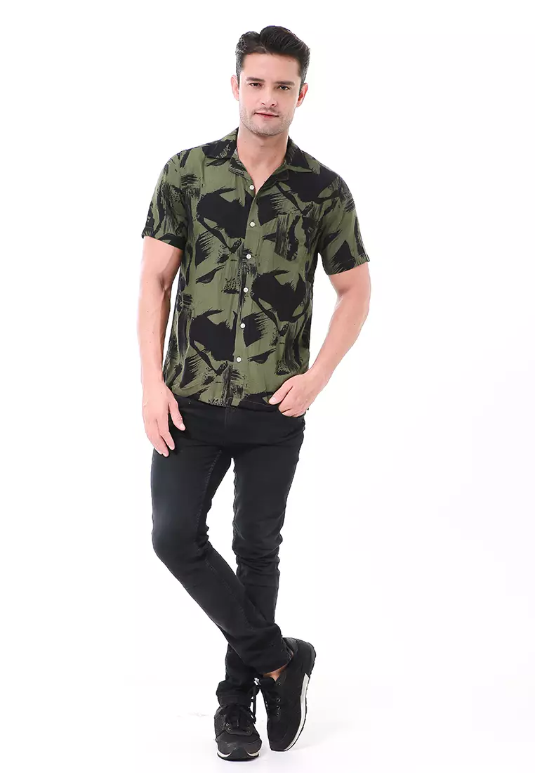 Leopold Kemeja Printing Pria Abstrack Motive Lengan Pendek Material Rayon ORIGINAL - Green Black