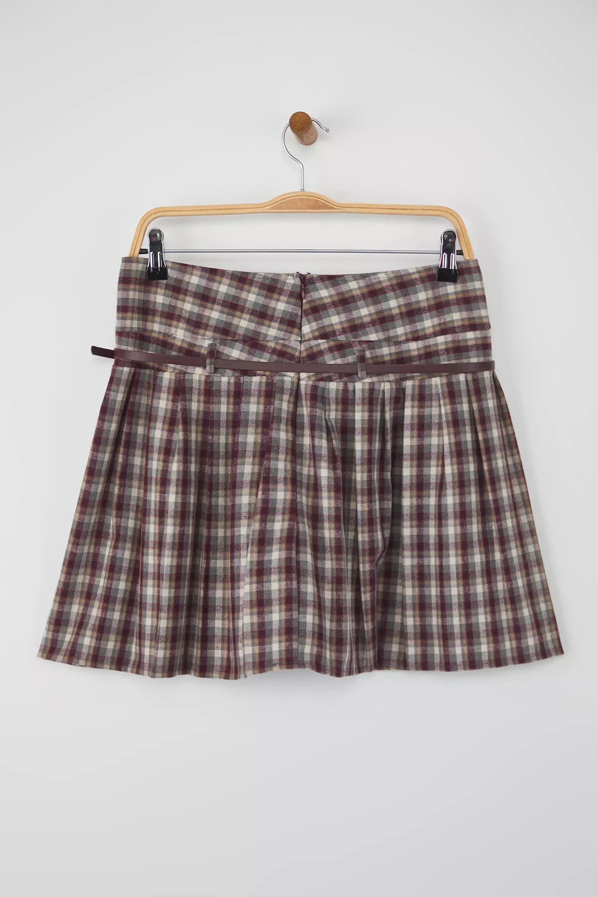 Teen Burgundy Belted Plaid/Checked Winter Mini Skirt Twoaw26Et00056