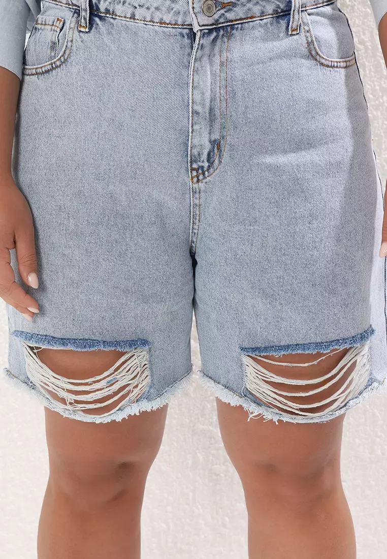 Blue Ripped High Waist Plus Size Denim Shorts TBBSS25AP00034