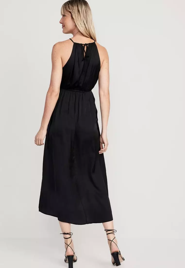 Waist-Defined Halter Satin Maxi Dress for Women