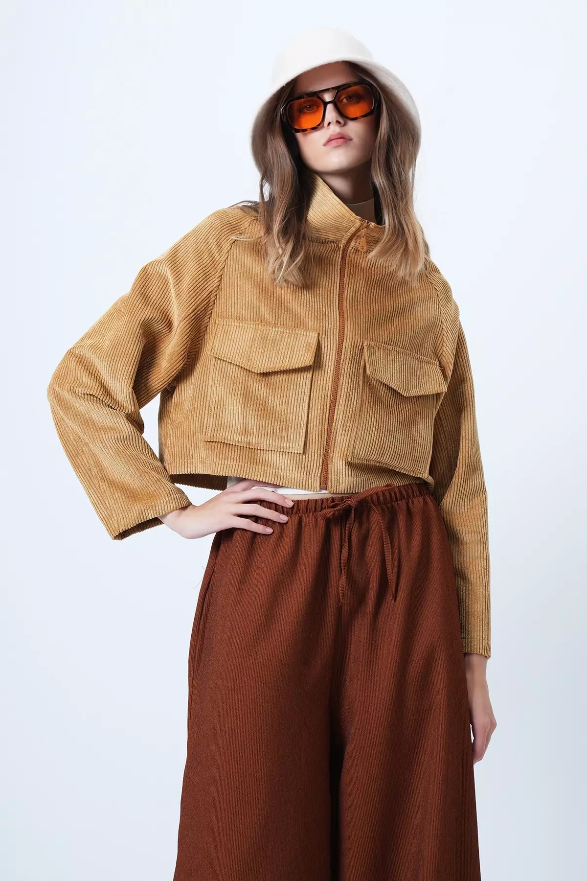 Mustard Double Pocket Raglan Sleeve Velvet Jacket Alc-X14604