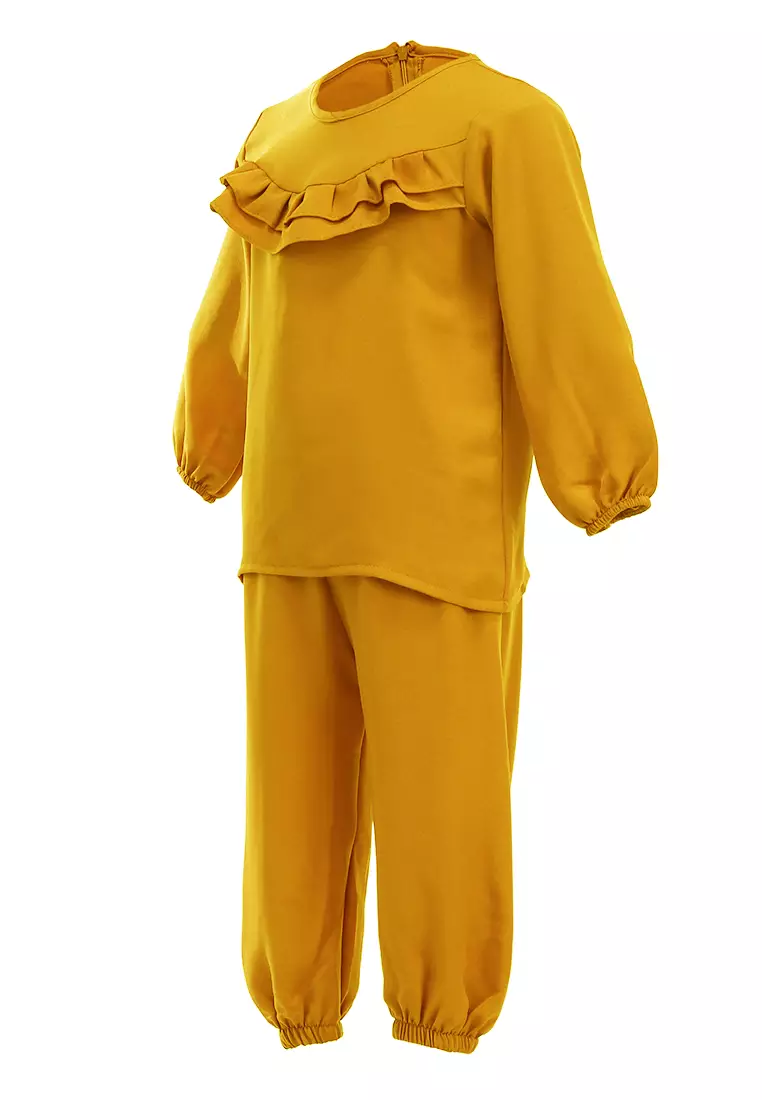 Jourell Setelan Anak Perempuan Lengan Panjang Kids One Set Motif Polos Material Cotton ORIGINAL - Soft Yellow