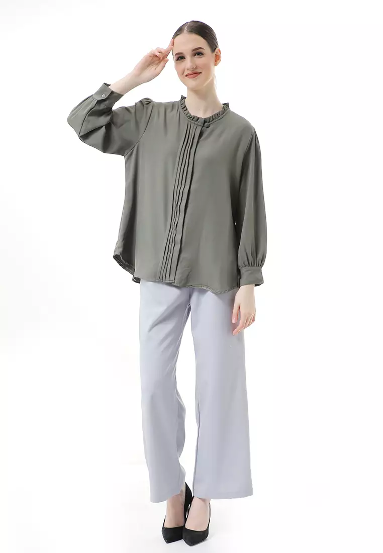 Vionka Kemeja Atasan Wanita Opnaisel Motif Polos - Dark Gray