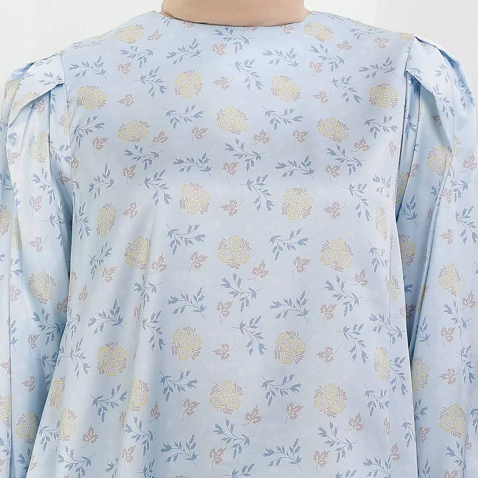 MFMW Abriela Atasan Blouse Satin Soft Blue Motif Bunga
