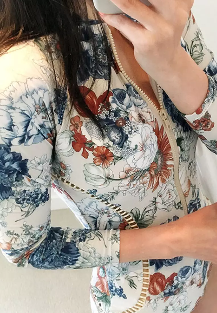 Floral Long Sleeves Zip-Up One-Piece Swimsuit CA060713