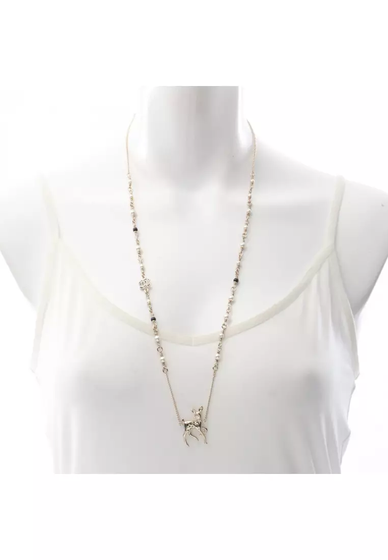 Pre-Loved Chanel Year's Gift 2025 coco mark Bambi necklace GP Fake pearl Rhinestone gold white green G26C