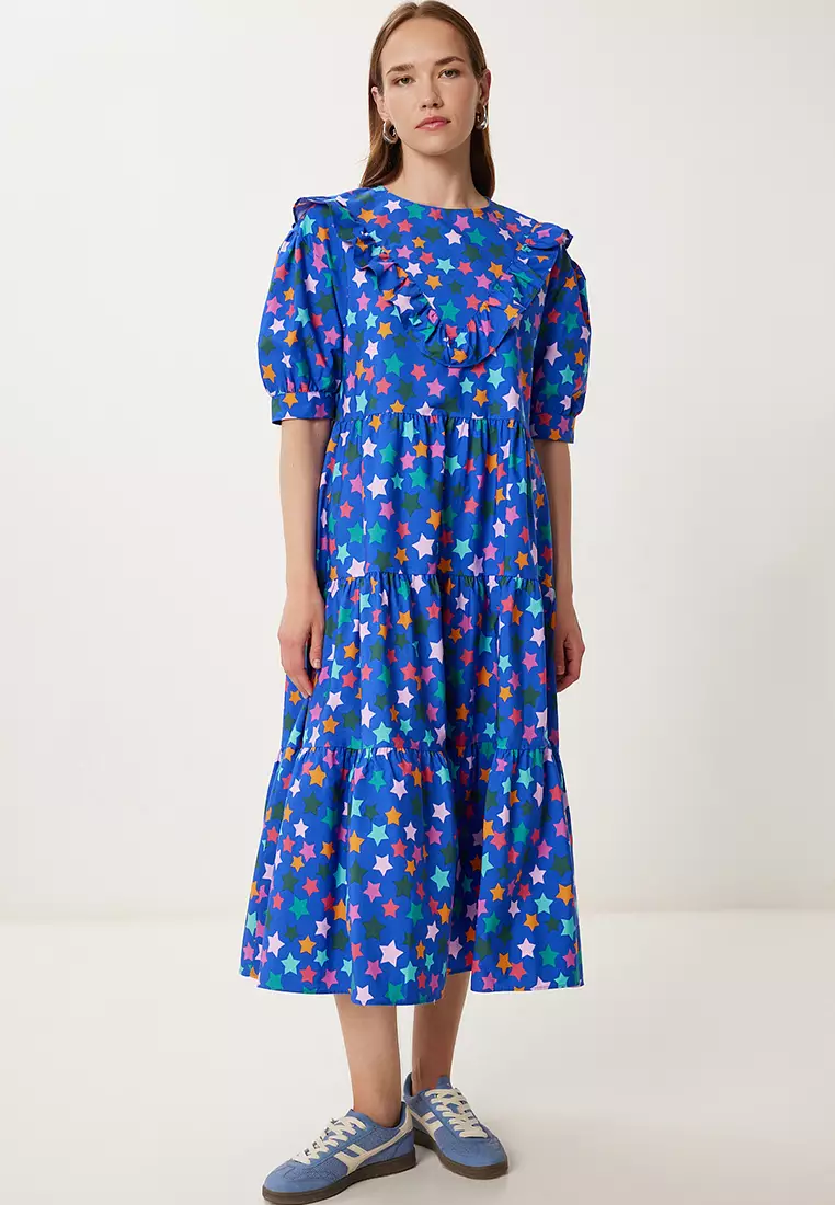 Women Dark Blue Patterned Summer Midi Poplin Dress Fk00032