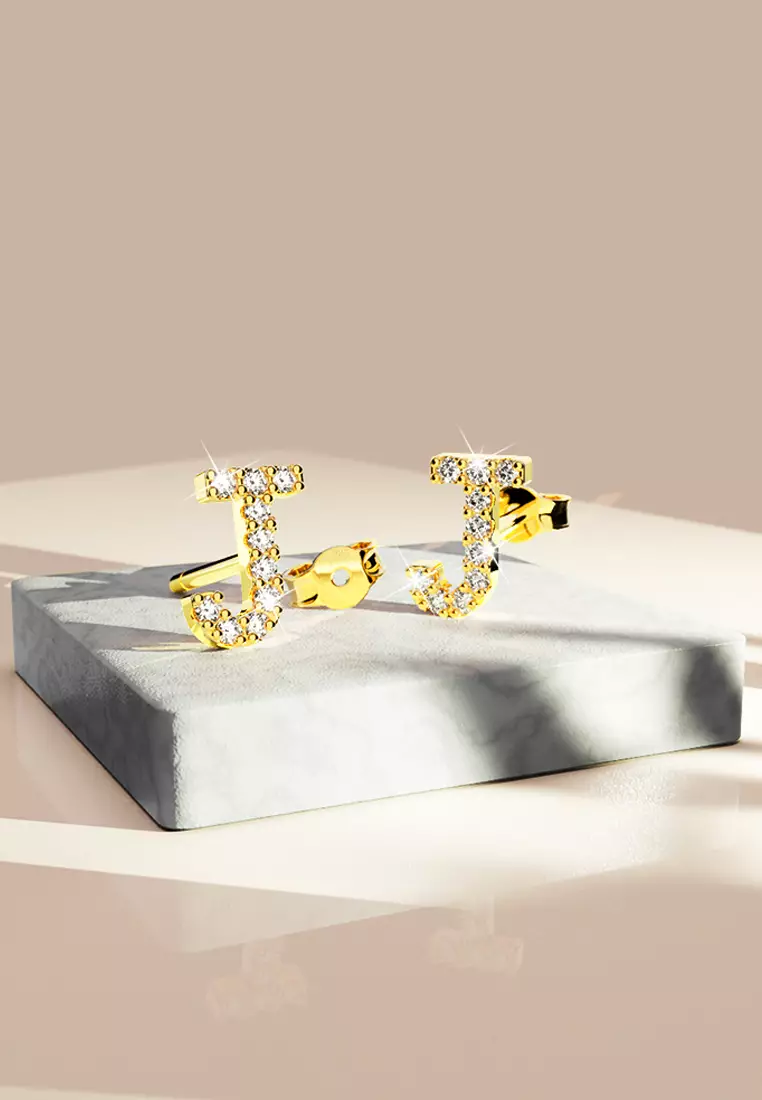Solid 925 Sterling Silver Glamour Alphabet Letter Earrings Gold - J
