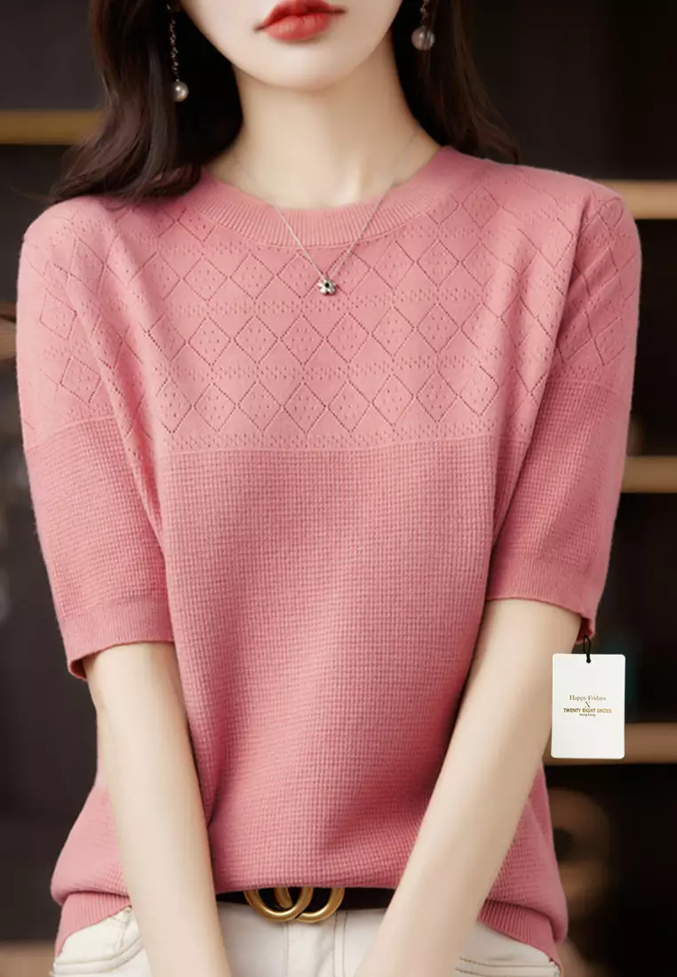 Rhombus Hollow Out Pattern Short Sleeve Knit Top JW QT-291