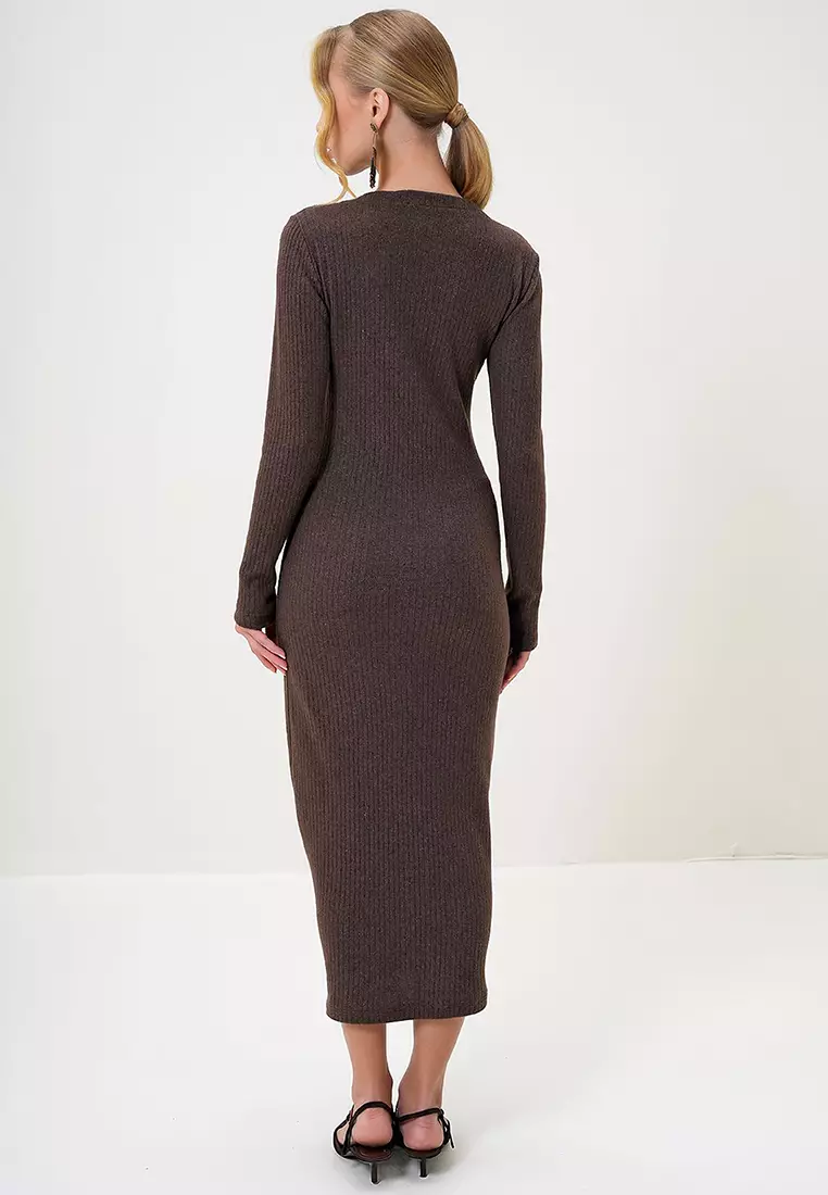 Crew Neck Long Sleeve Interlock Fabric Midi Length Dress