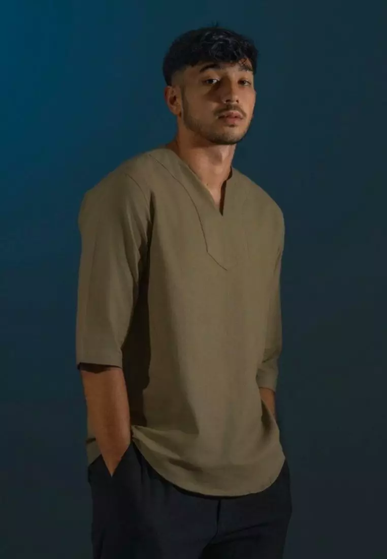 Cotton Well Morocco Shirt Olive I Kemeja Koko Pria Kerah V Neck Hijau Olive