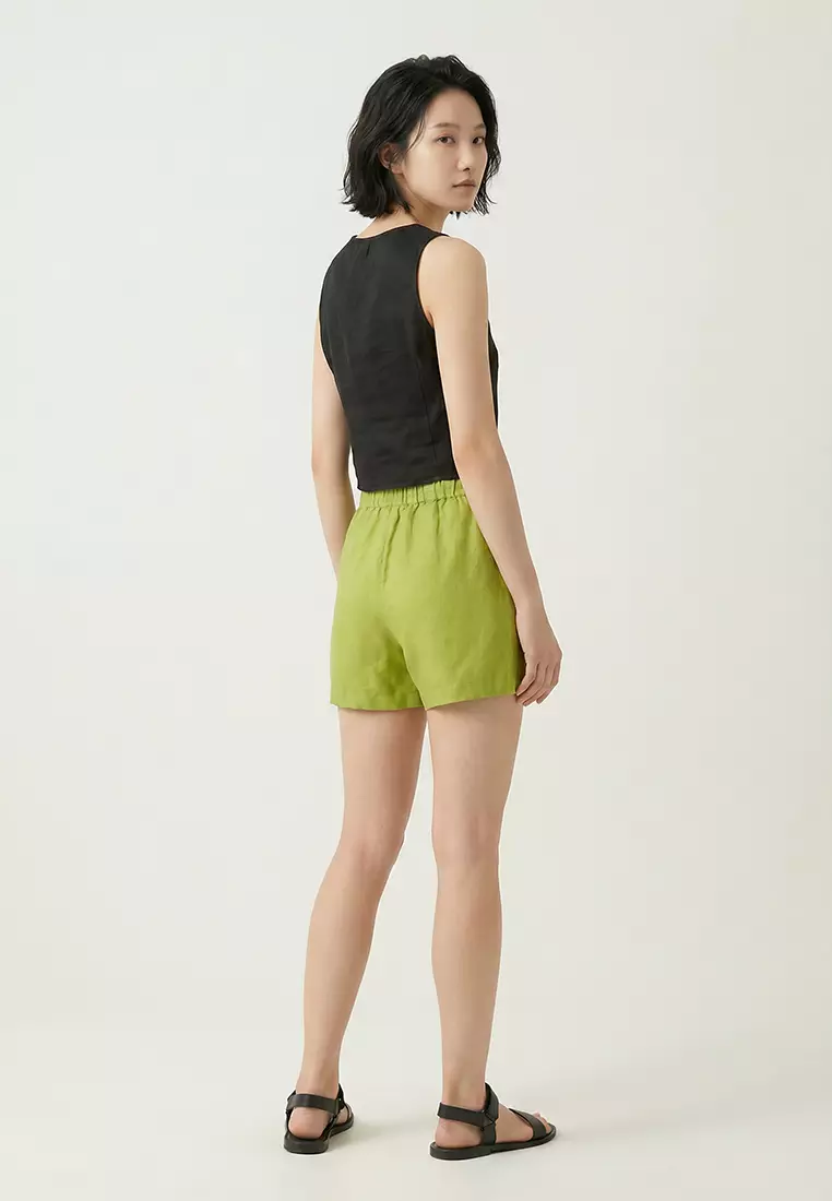 Green 100% Linen Elastic Waist Shorts TWOSS25SR00090