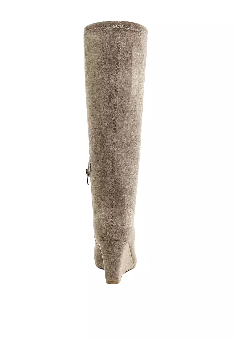 Microfiber Wedge Heel Boots in Taupe