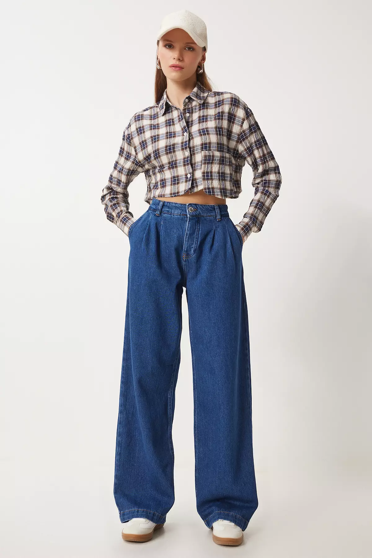 Women's Dark Blue High Waist Wide Leg Jeans Rh00031