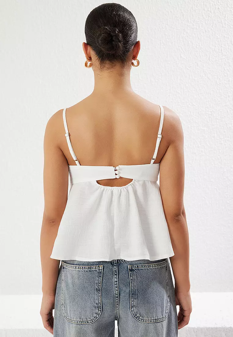 White Linen Look Bow Detail Woven Blouse With Straps