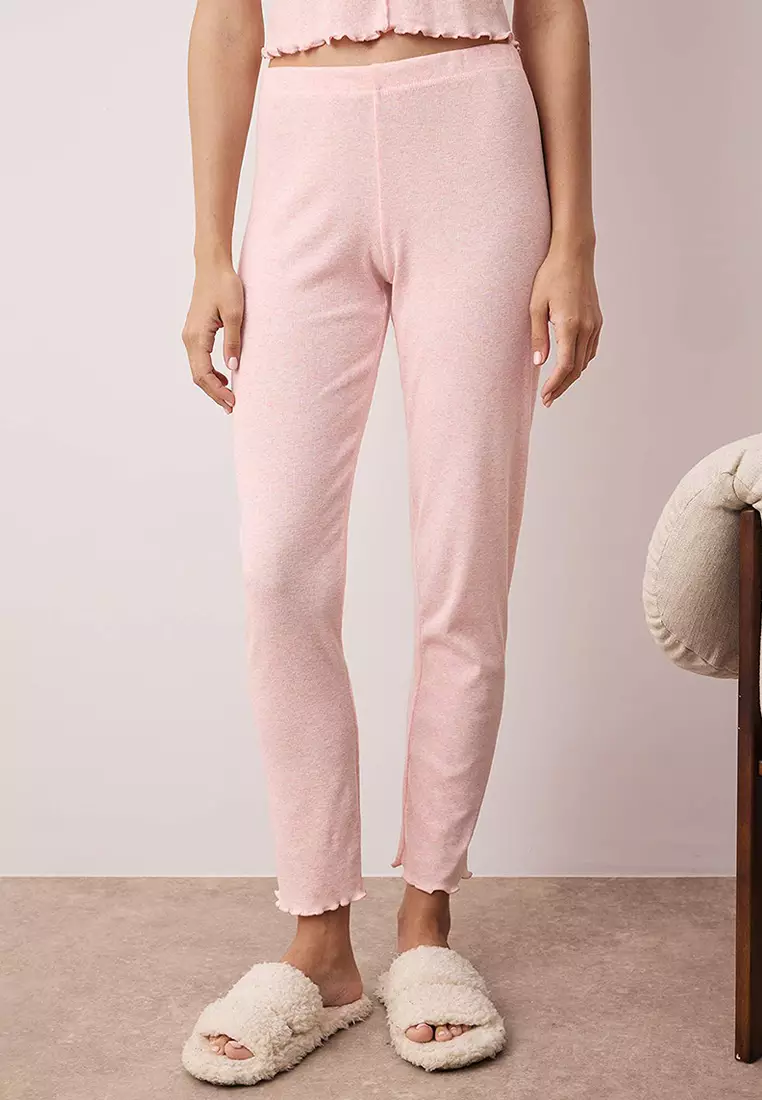 Pink Collar And Baby Overlock Detailed Floral Accessories Ribbed Knitted Pajama Set