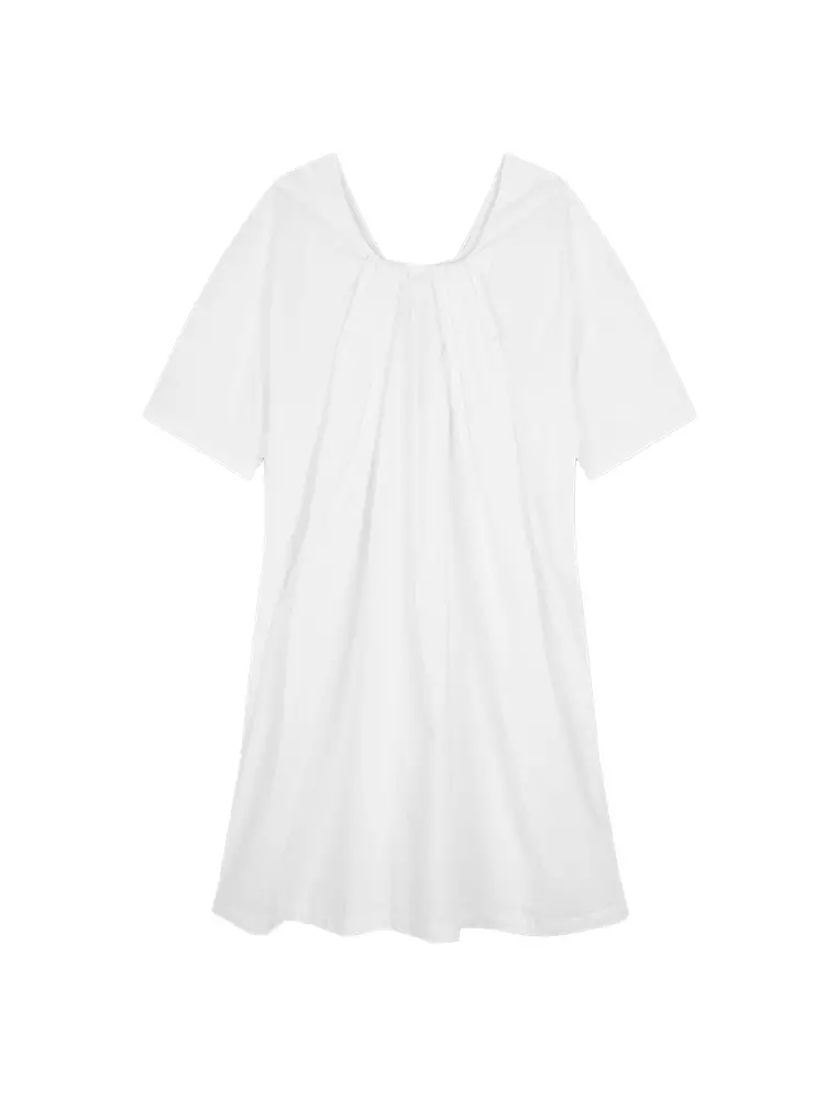 褶皺中長款短袖連衣裙