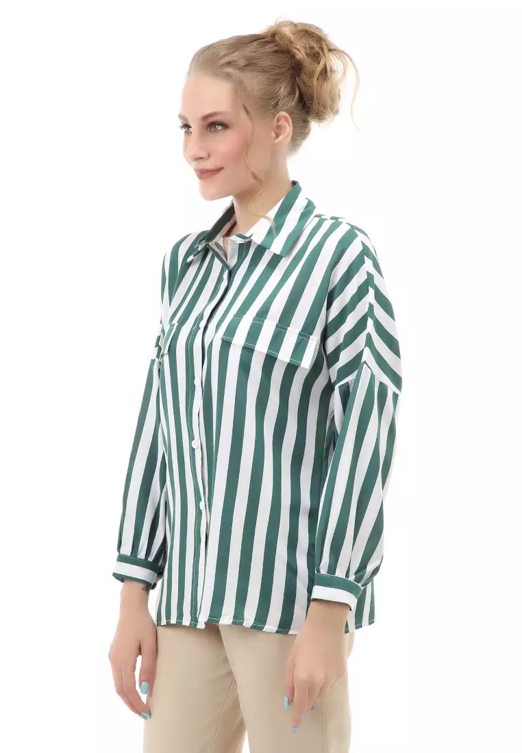Holly Atasan Kasual Wanita Kemeja Lengan Panjang Striped Motive Material Twiscone ORIGINAL - Green