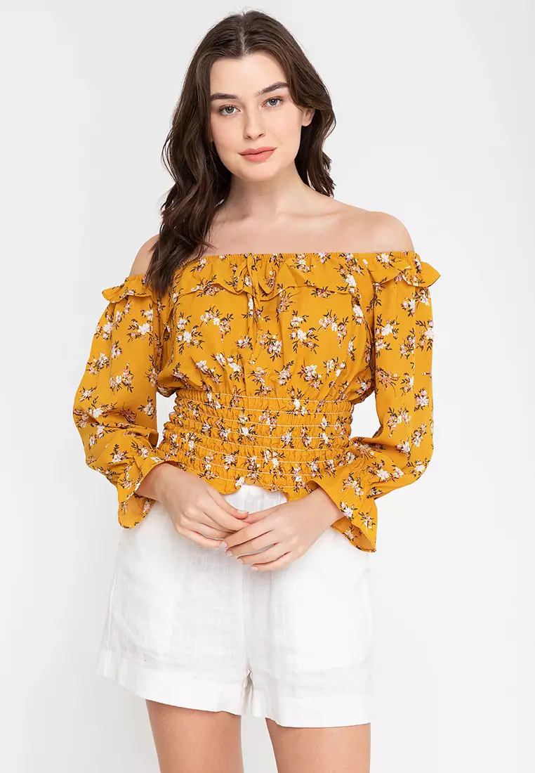 Yellow smocked off the cheap shoulder top