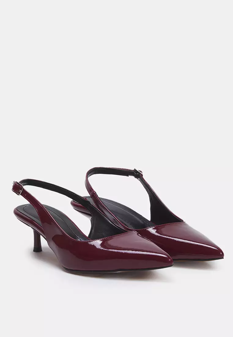Burgundy Patent Leather Pointed Toe Kitten Heels Women's Classic Heeled Shoes Takss25To00005