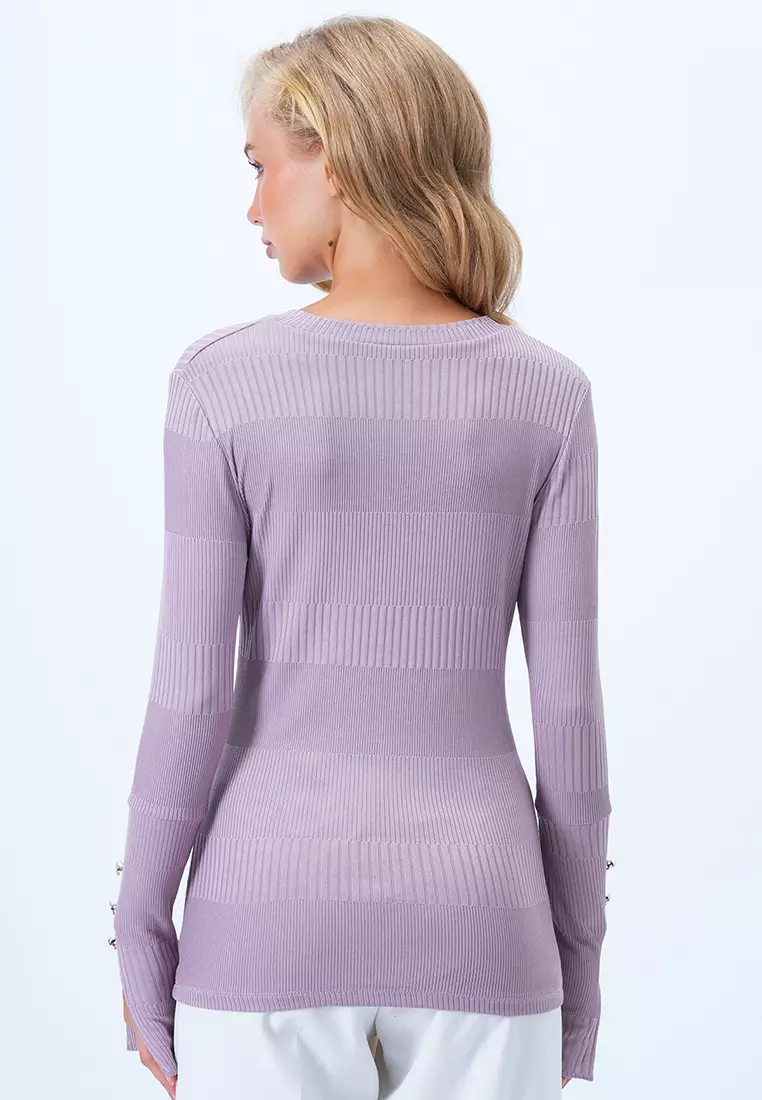 Women's Lilac Crew Neck Self-Patterned Button Detailed Basic Mercerized Blouse Alc-X14417