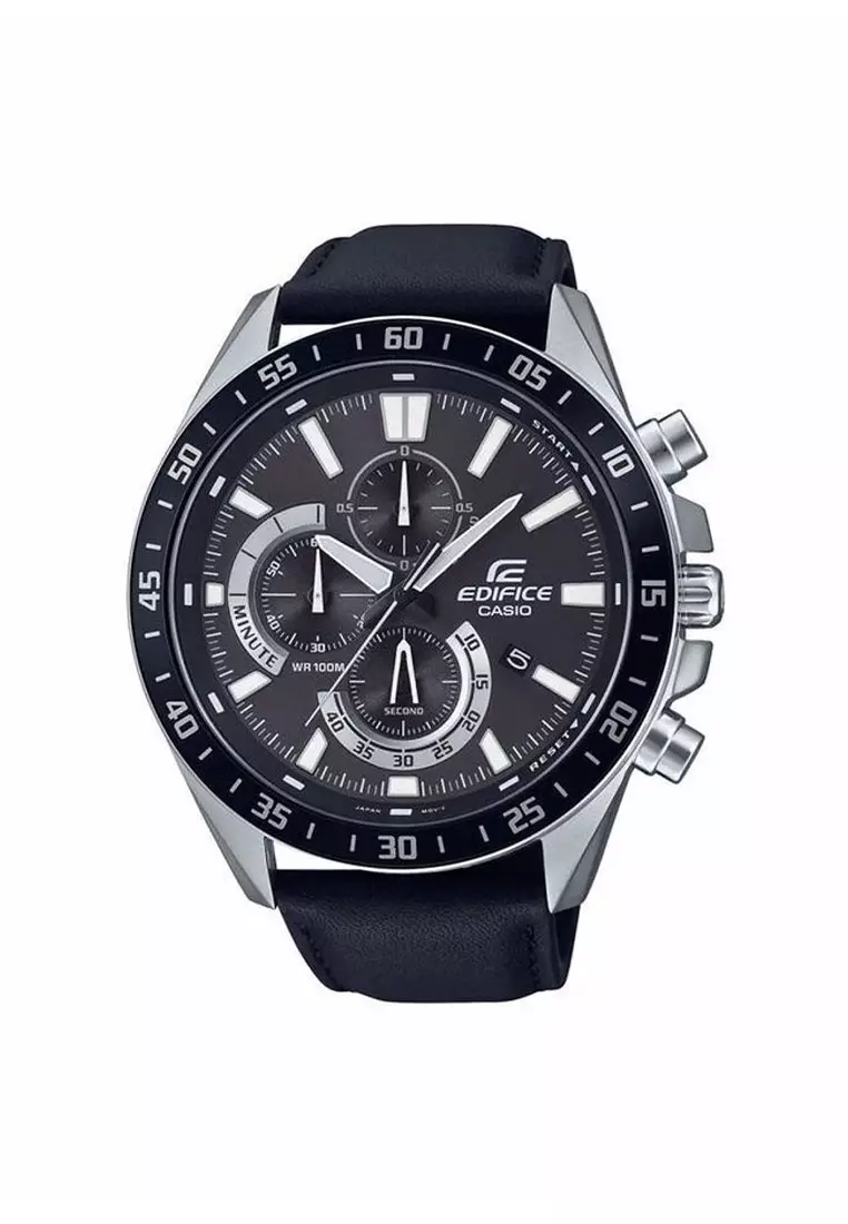 Casio EDIFICE Jam Tangan Pria - Black Silver - Leather Strap - EFV-620L-1AVUDF