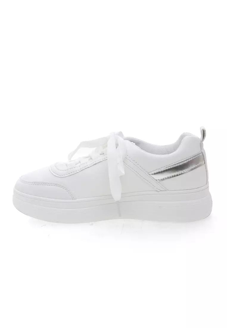Sepatu Running Wanita Tali Ikat List Design Simple - White Silver