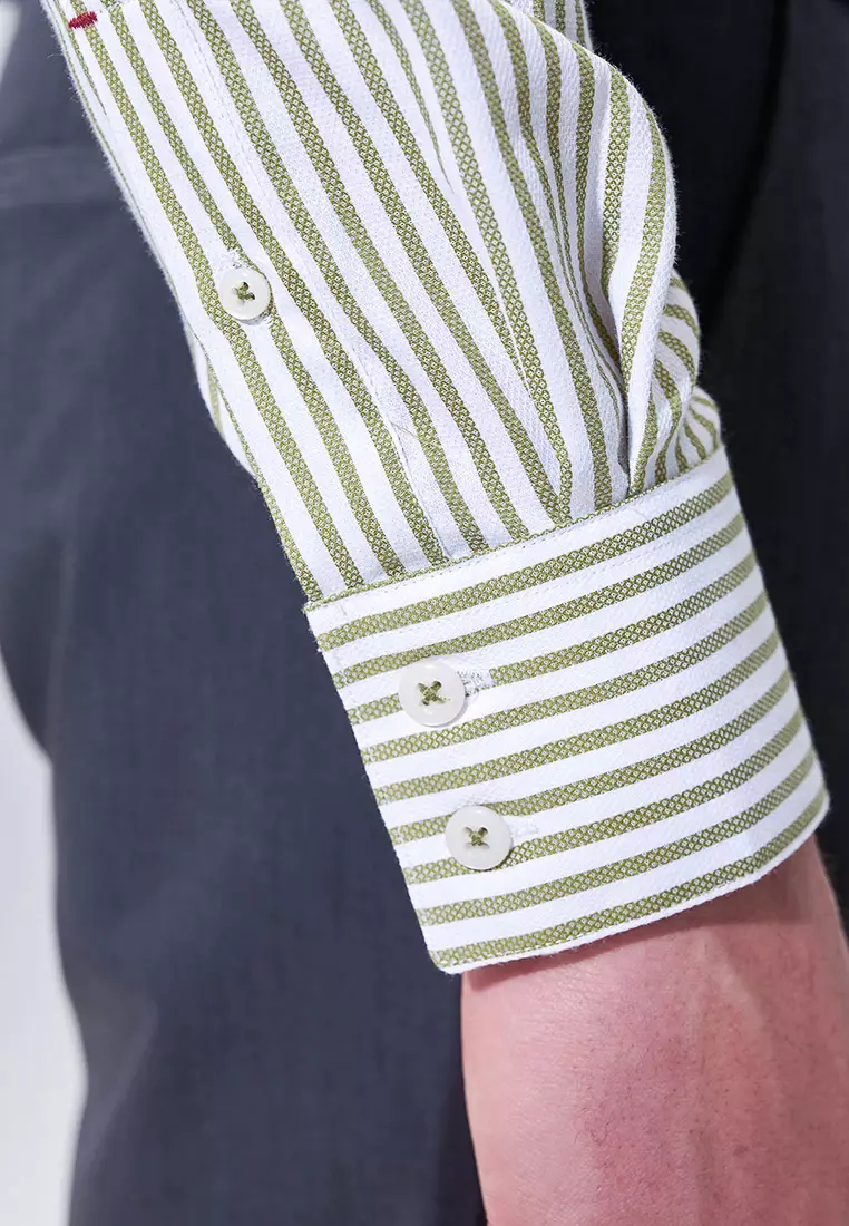 Olive Striped Pattern Slim Fit Shirt
