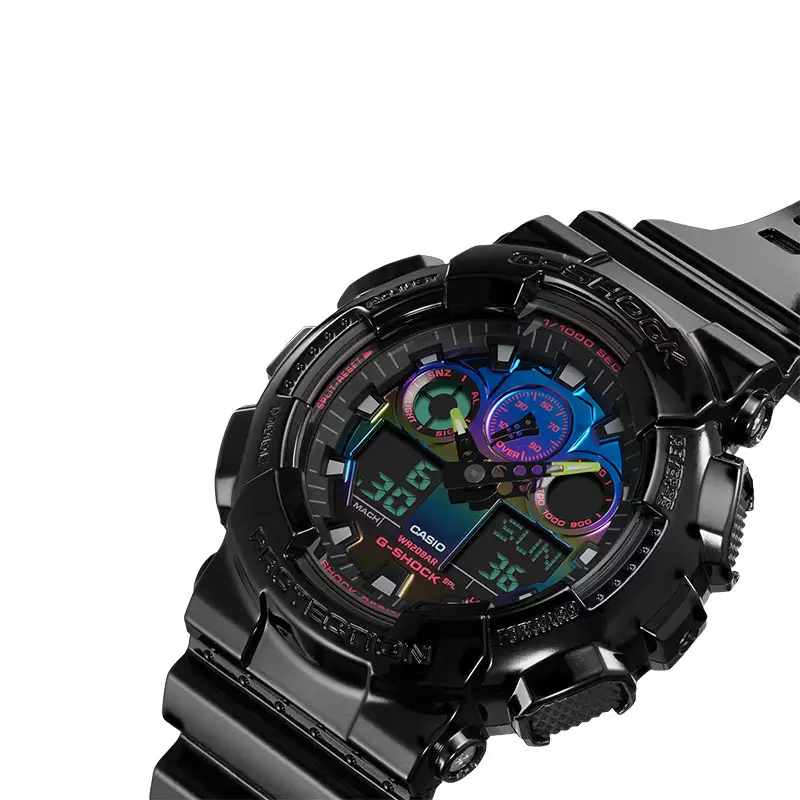 Jam Tangan Pria Casio G-Shock GA-100RGB-1ADR Virtual Rainbow Digital Analog Dial Black Resin Band