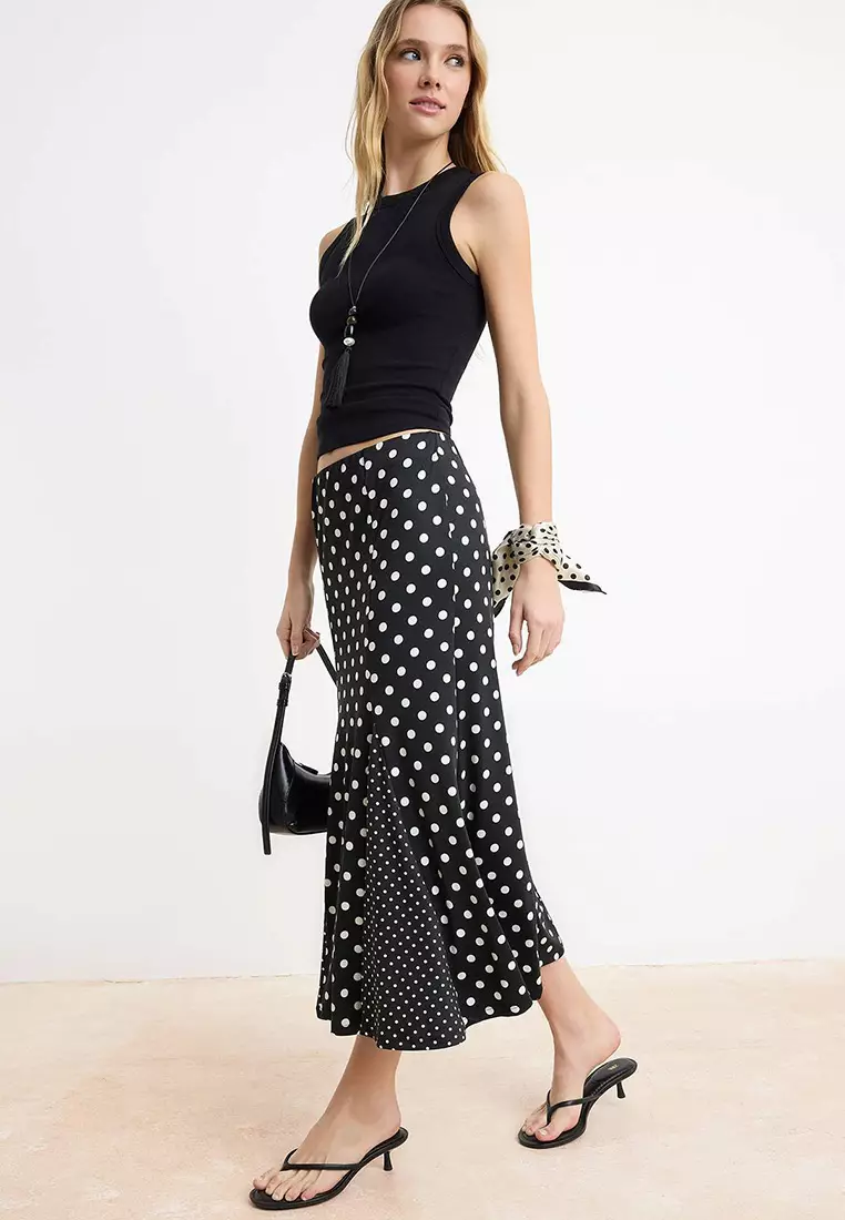 Black Polka Dot A-Line/A Bell Shape Regular Waist Flexible Knitted Skirt Twoss26Et63