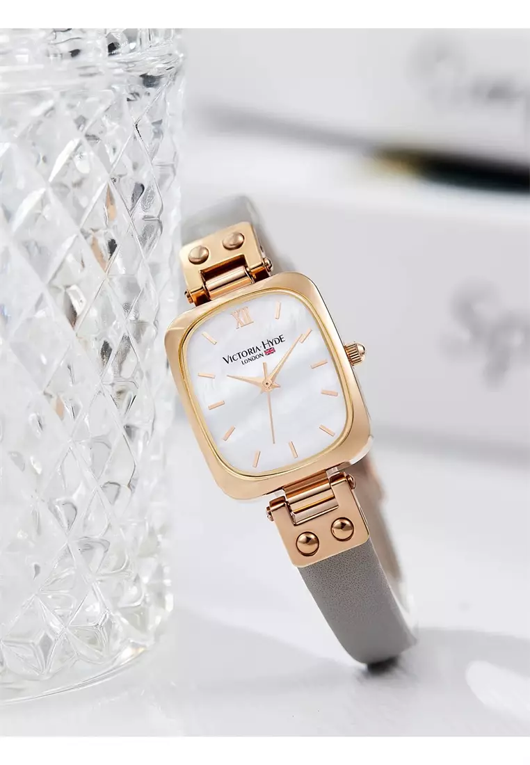 Vivian 22×26mm女士手表 皮革表帶 長方形天然貝母表盤 優雅經典-灰色