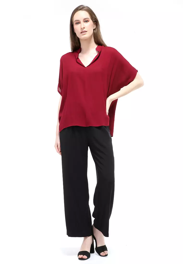 Nela Blouse Short Sleeves Wanita Motif Polos Atasan Casual - Maroon