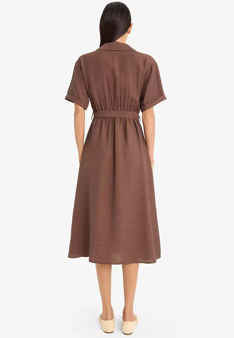 Shirt Collar Belted Short Sleeve Red Midi Summer Dress F2113Ax25Sm